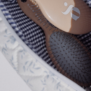 Glow Beauty quilted bag — toile fabric detail close-up