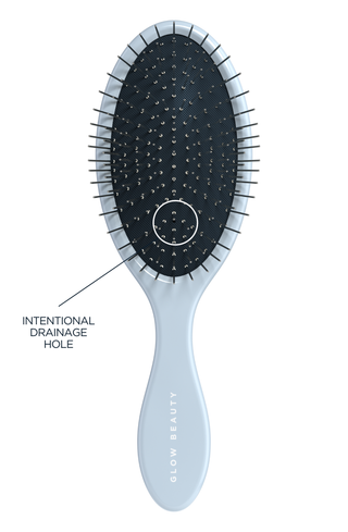 Glow Beauty Detangling Brush — drainage hole and metal bristles